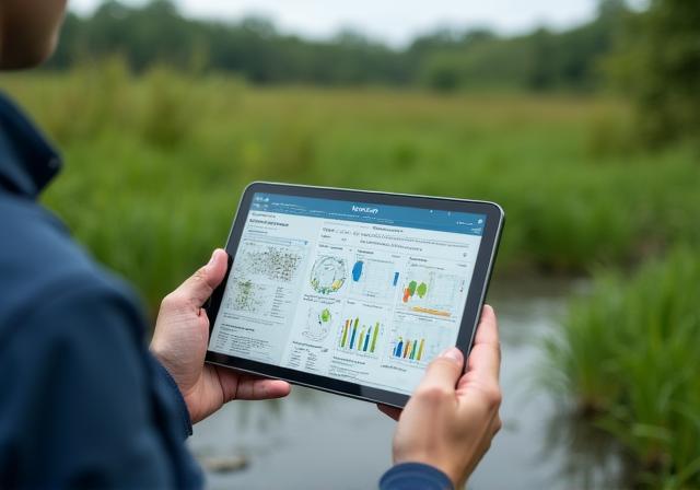 Ecologist conducting field research in a wetland