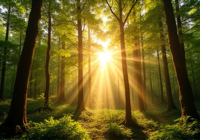 Sunlight filtering through a managed forest canopy