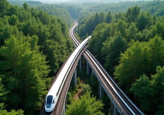 Aerial view of a sustainable railway expansion integrated with local ecosystems
