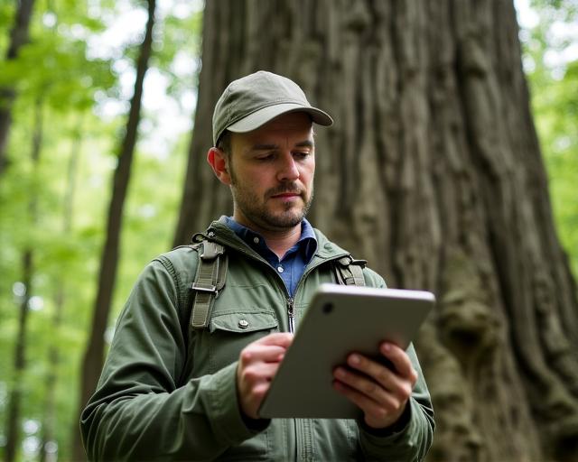 Consultant using a tablet to measure tree health in a lush forest setting