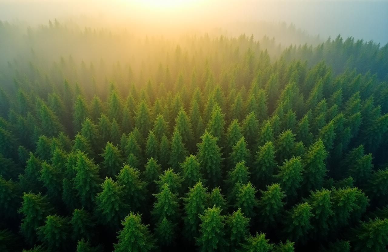 Ancient lush green forest canopy from above
