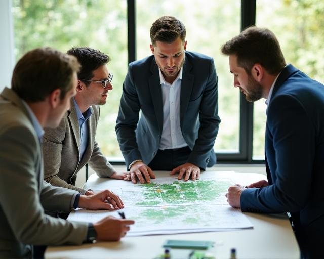 Team of environmental experts reviewing land maps and ecological data