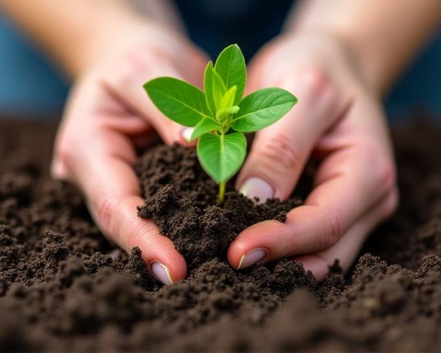 Close up of a human hand planting a young tree seedling in rich soil