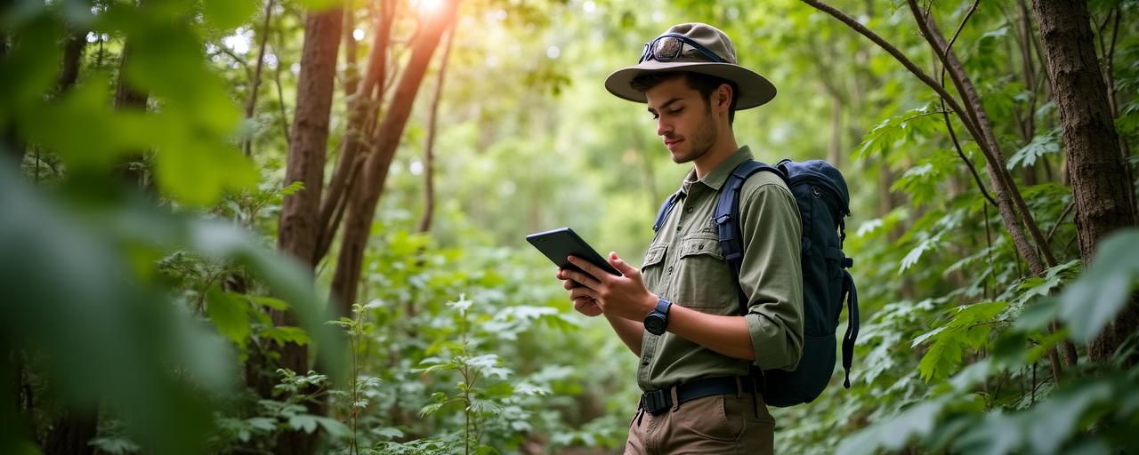 Ecologist performing flora survey in a dense forest