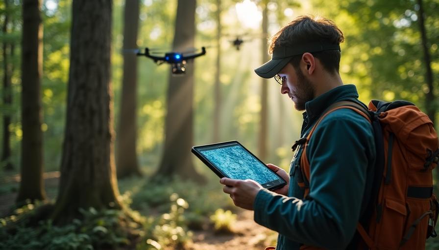 A biological specialist using a tablet to analyze drone data in a lush forest